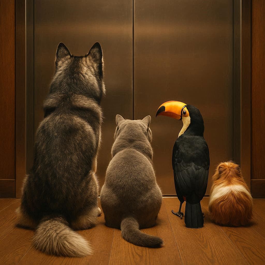 A Siberian Husky, a British Shorthair cat, a colorful toucan, and a fluffy guinea pig sitting side by side, facing a shiny stainless steel elevator door. Their backs are towards the viewer, tails and feathers aligned neatly on the wooden floor. Soft warm lighting creates a cozy atmosphere, cinematic realism, highly detailed textures.